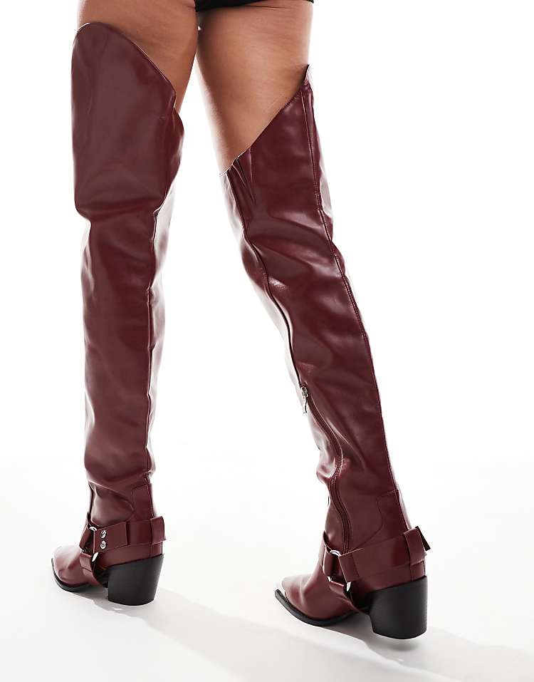 Azalea Wang Ria over the knee western boots in burgundy