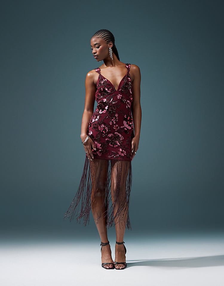 ASOS DESIGN floral embellished mini dress with beaded fringe in burgundy