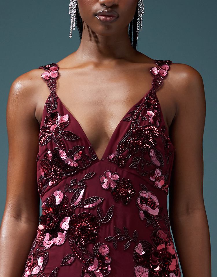 ASOS DESIGN floral embellished mini dress with beaded fringe in burgundy