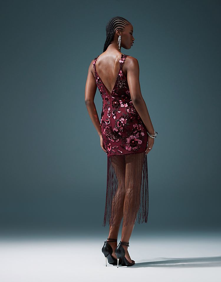 ASOS DESIGN floral embellished mini dress with beaded fringe in burgundy