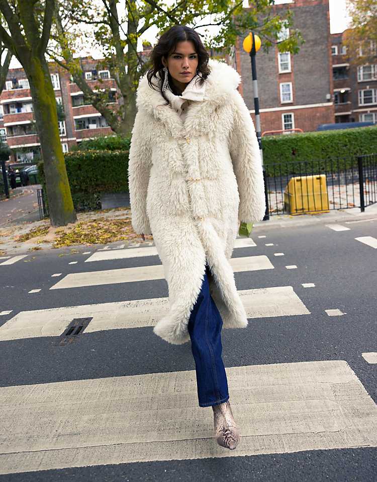 Topshop faux fur duffle hooded long coat in cream