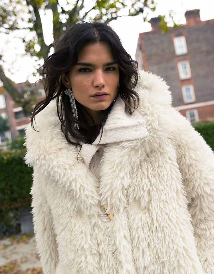 Topshop faux fur duffle hooded long coat in cream