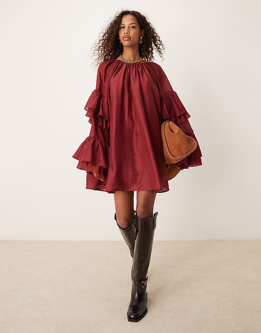 ASOS DESIGN frill sleeve voile mini dress in burgundy