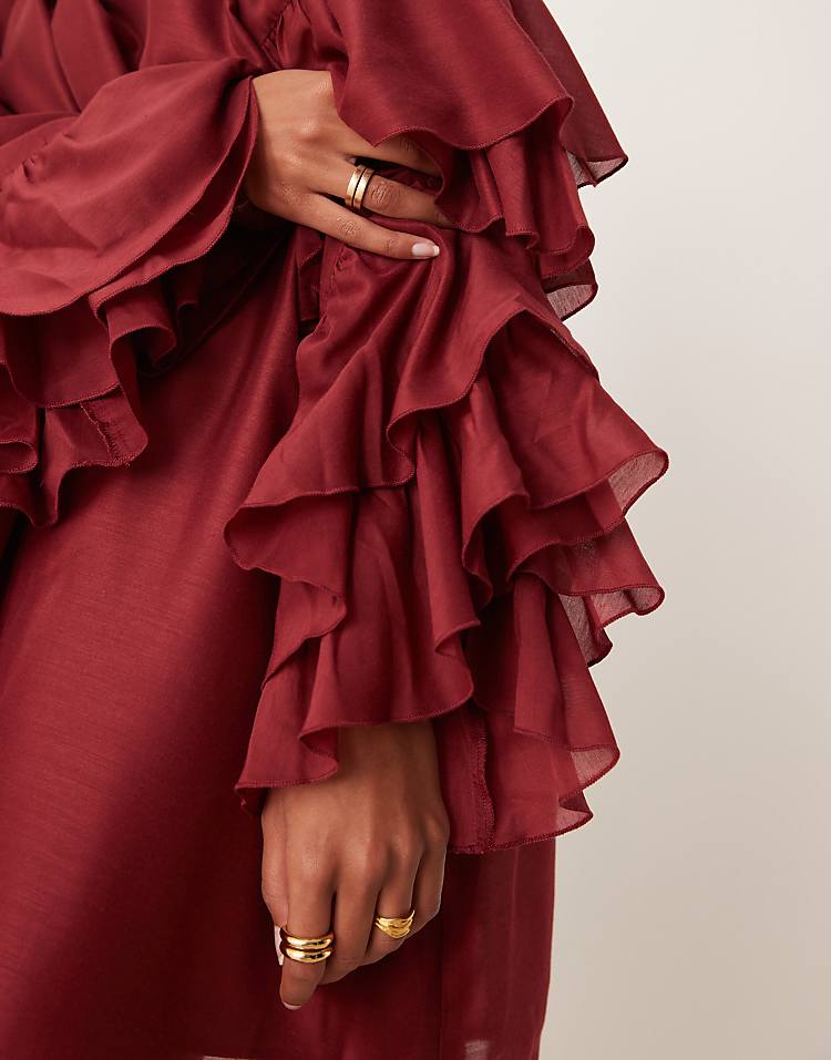 ASOS DESIGN frill sleeve voile mini dress in burgundy