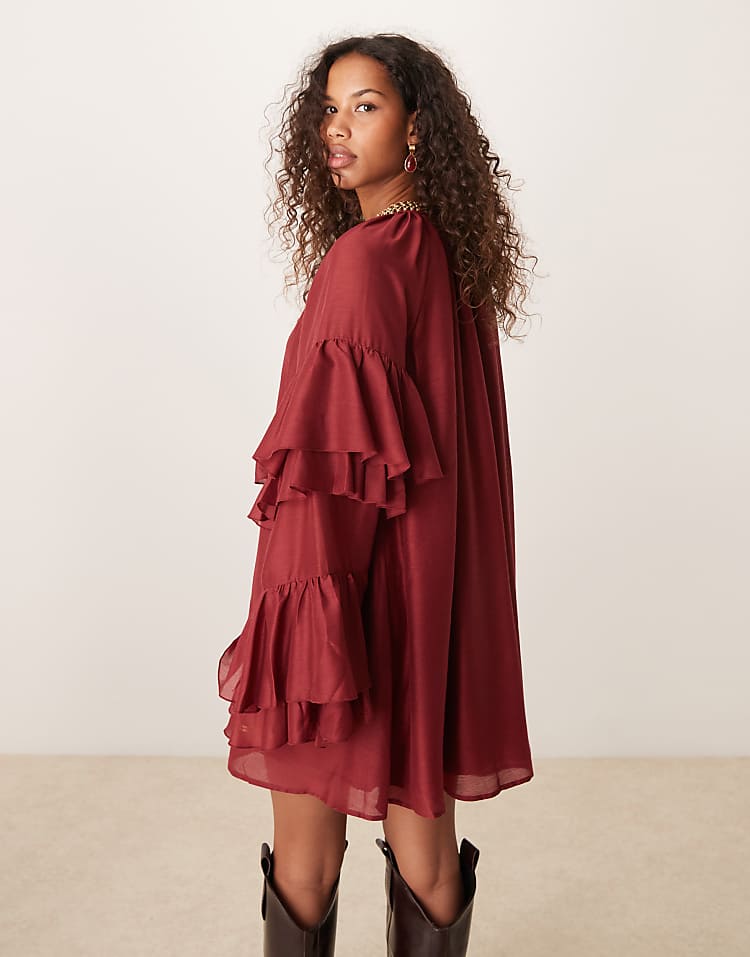 ASOS DESIGN frill sleeve voile mini dress in burgundy