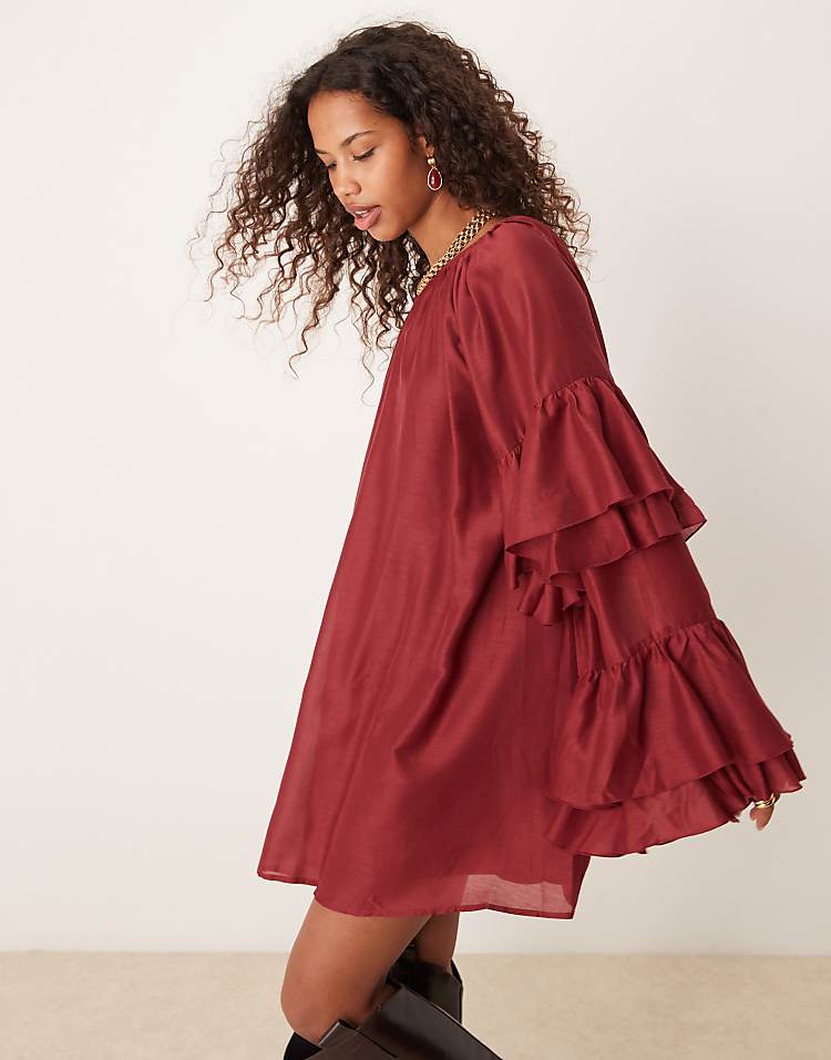 ASOS DESIGN frill sleeve voile mini dress in burgundy