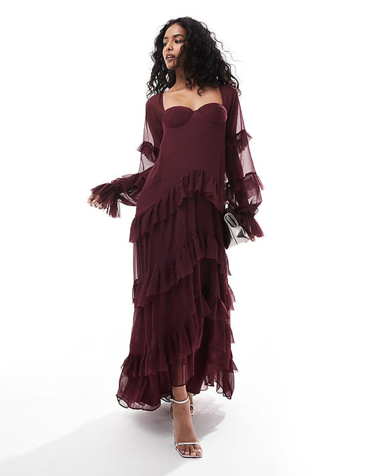 ASOS DESIGN ruffle corset detail tiered maxi dress with hi low hem in burgundy