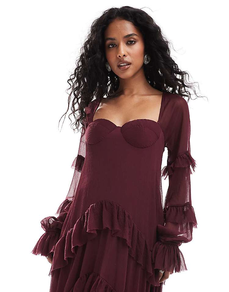 ASOS DESIGN ruffle corset detail tiered maxi dress with hi low hem in burgundy