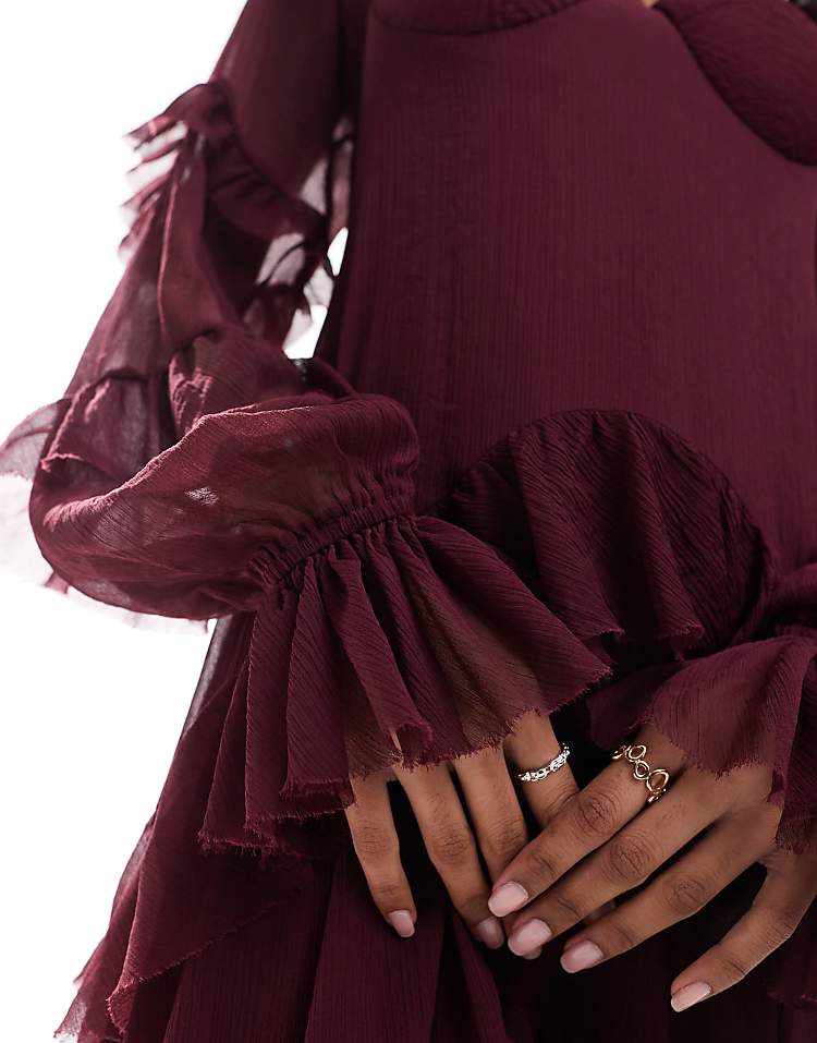 ASOS DESIGN ruffle corset detail tiered maxi dress with hi low hem in burgundy