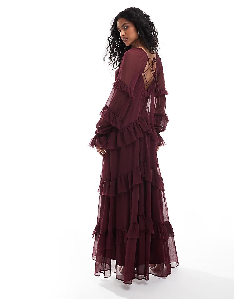 ASOS DESIGN ruffle corset detail tiered maxi dress with hi low hem in burgundy