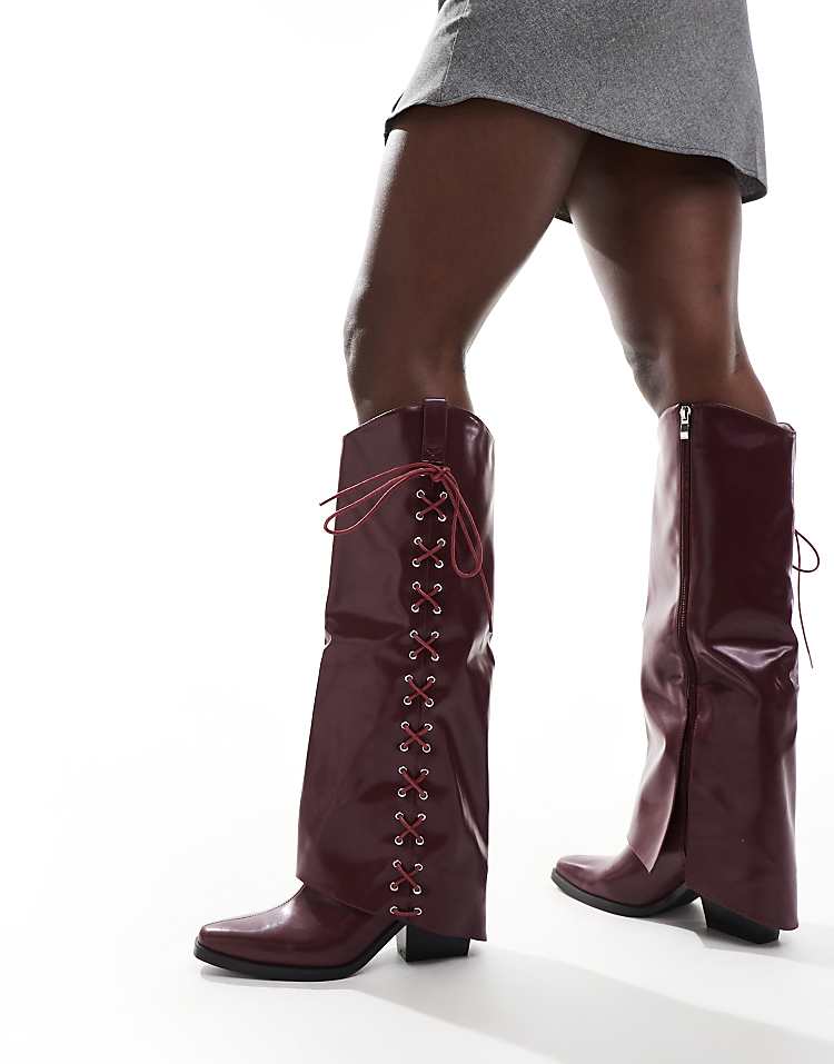 Glamorous foldover western heeled knee boots with lace up bow in burgundy