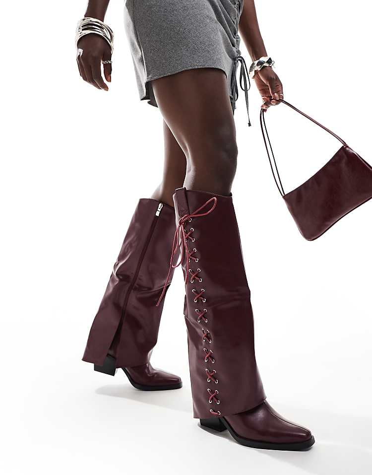 Glamorous foldover western heeled knee boots with lace up bow in burgundy