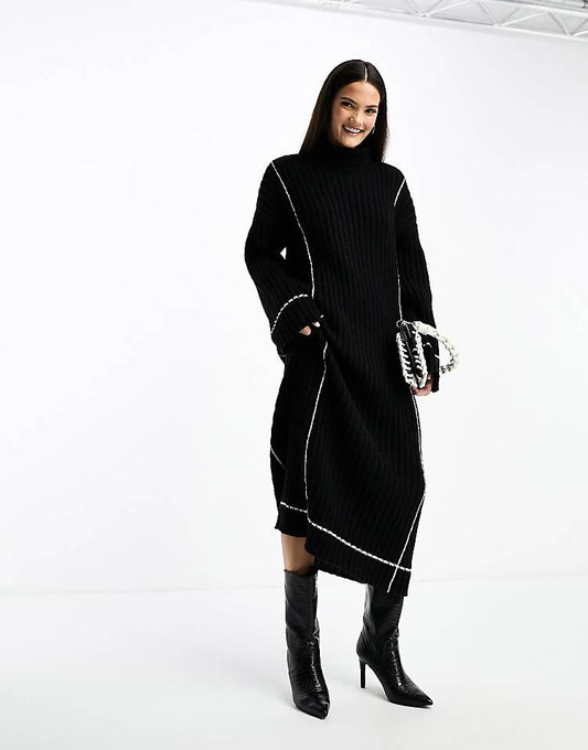 YAS high neck knitted jumper midi dress in black with contrast stitch