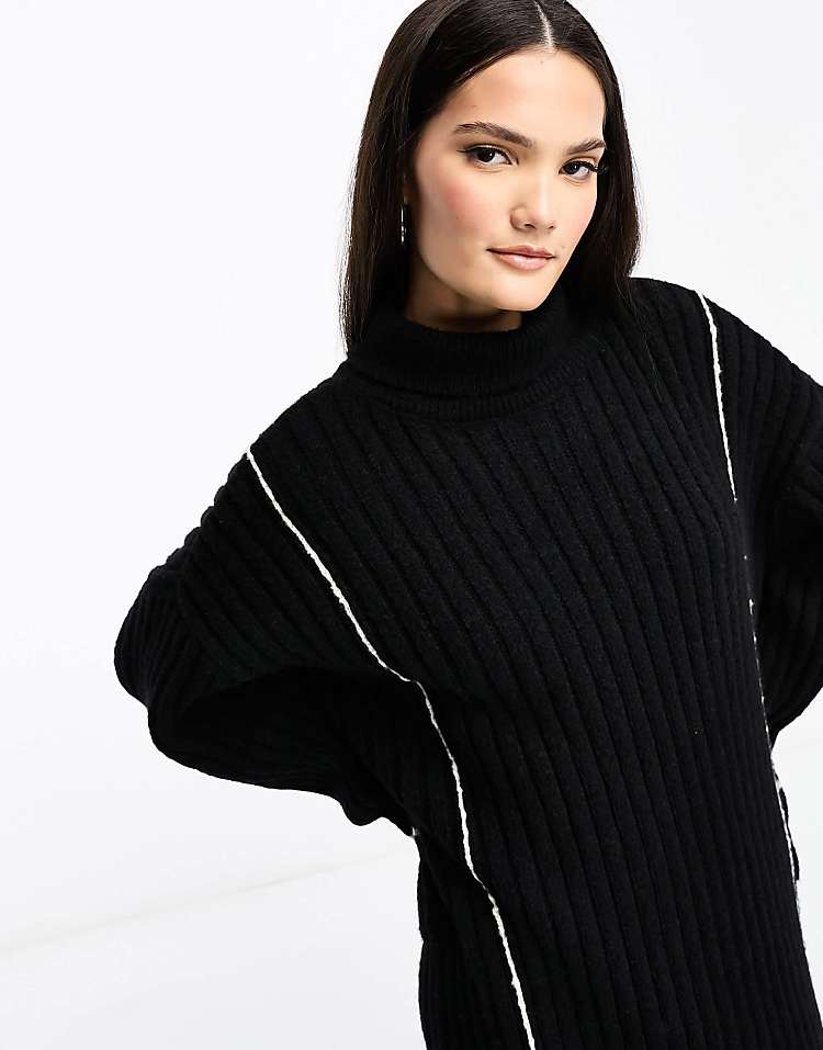 YAS high neck knitted jumper midi dress in black with contrast stitch