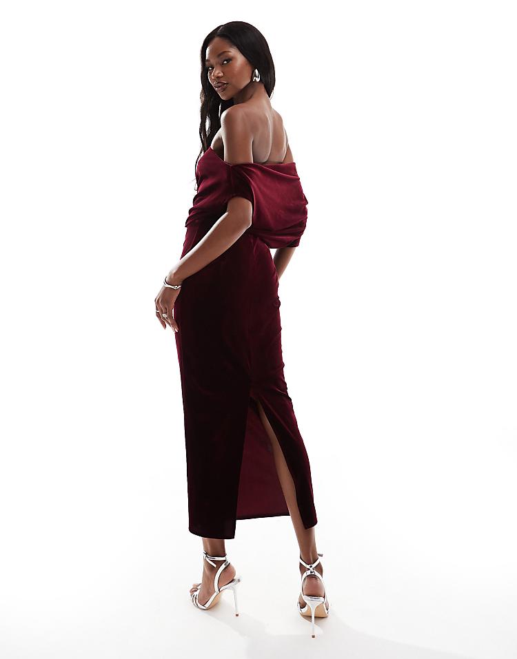 ASOS DESIGN dramatic neckline velvet midi dress in burgundy