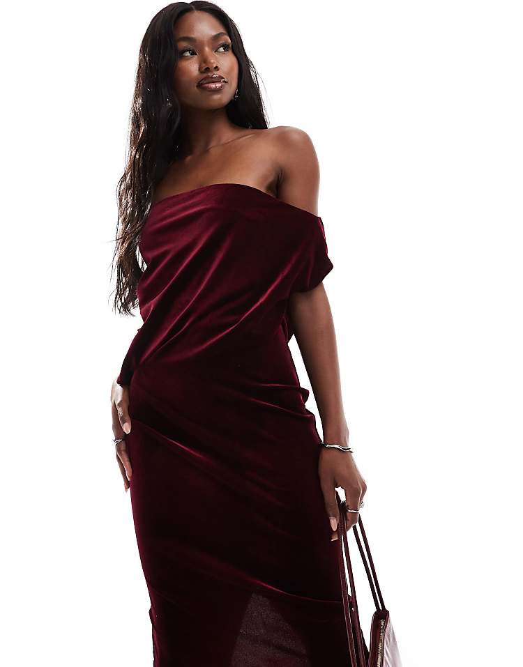 ASOS DESIGN dramatic neckline velvet midi dress in burgundy