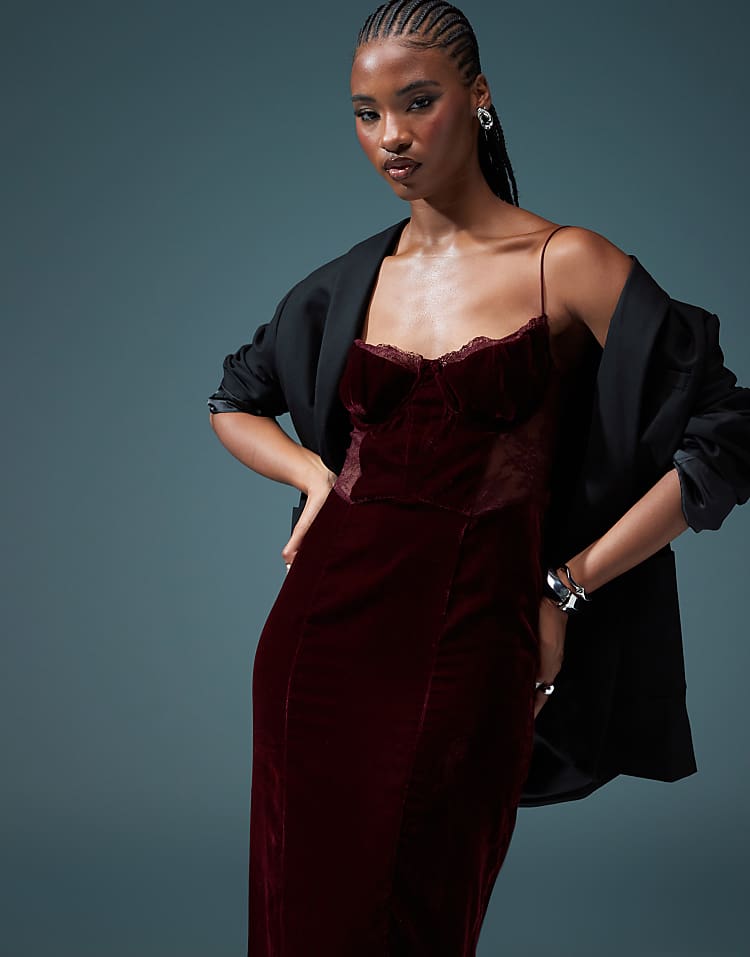 ASOS DESIGN velvet corset midi dress with lace insert in burgundy