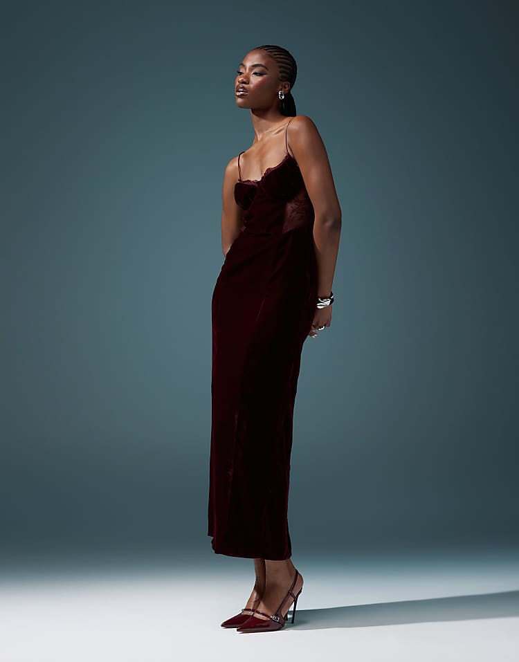 ASOS DESIGN velvet corset midi dress with lace insert in burgundy