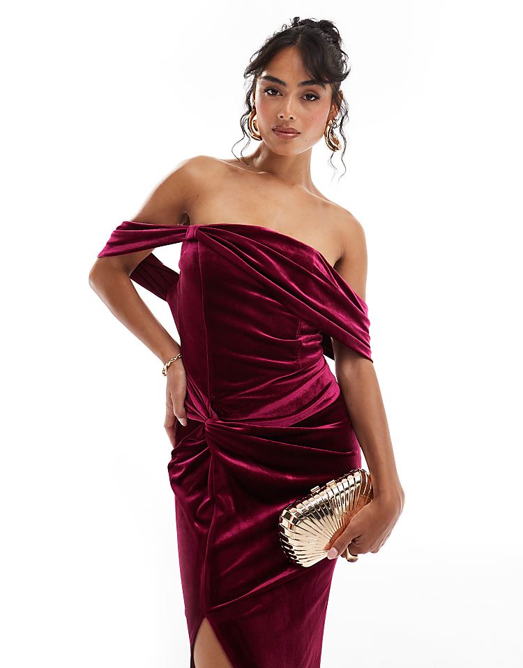 TFNC velvet off shoulder maxi dress in burgundy