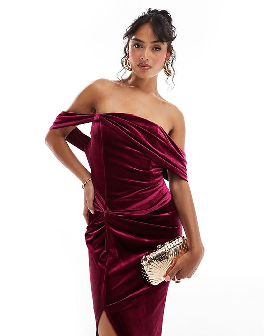 TFNC velvet off shoulder maxi dress in burgundy