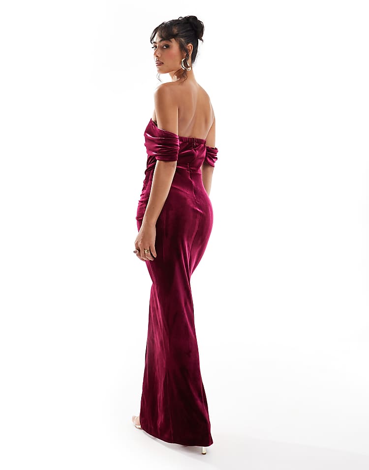 TFNC velvet off shoulder maxi dress in burgundy