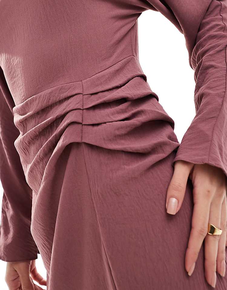 ASOS DESIGN ruched detail long sleeve maxi dress in washed burgundy