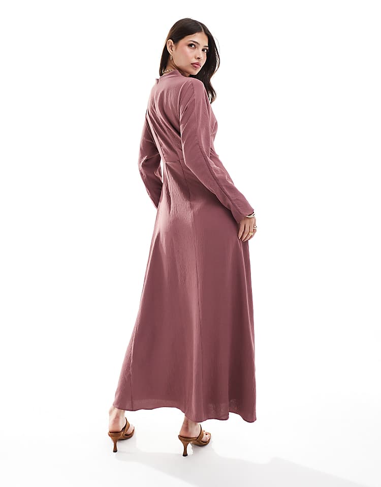 ASOS DESIGN ruched detail long sleeve maxi dress in washed burgundy