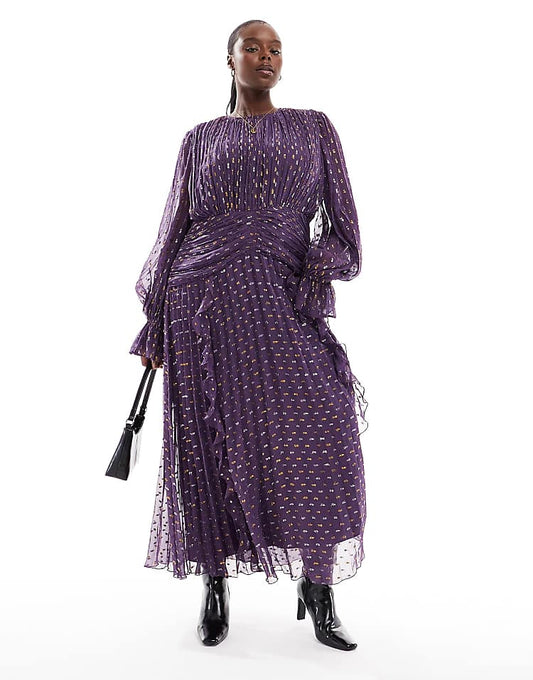 ASOS DESIGN Curve lurex dobby high neck ruched belt detail maxi dress in purple