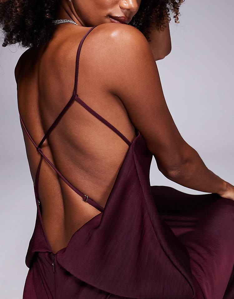 ASOS DESIGN satin plunge front strappy back maxi dress in burgundy