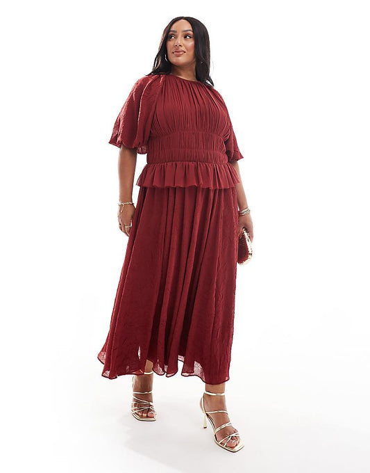 ASOS DESIGN Curve puff sleeve midi dress with gauged waist in burgundy