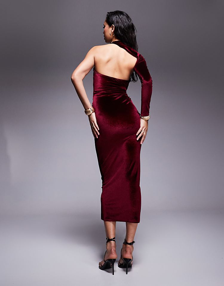 ASOS DESIGN velvet wrap around neckline midi dress in burgundy