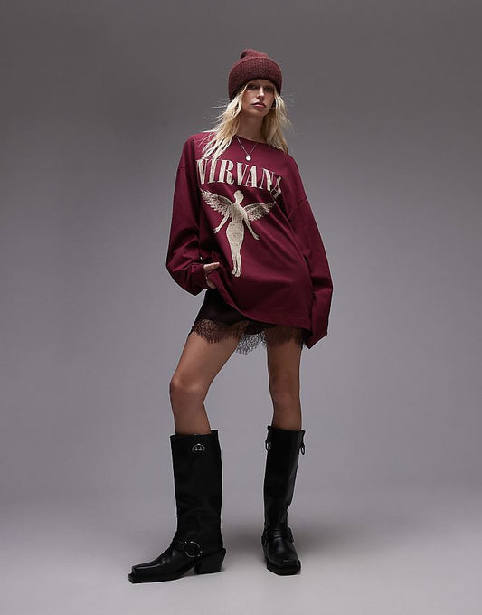 Topshop license graphic  Nirvana long sleeve skater in burgundy