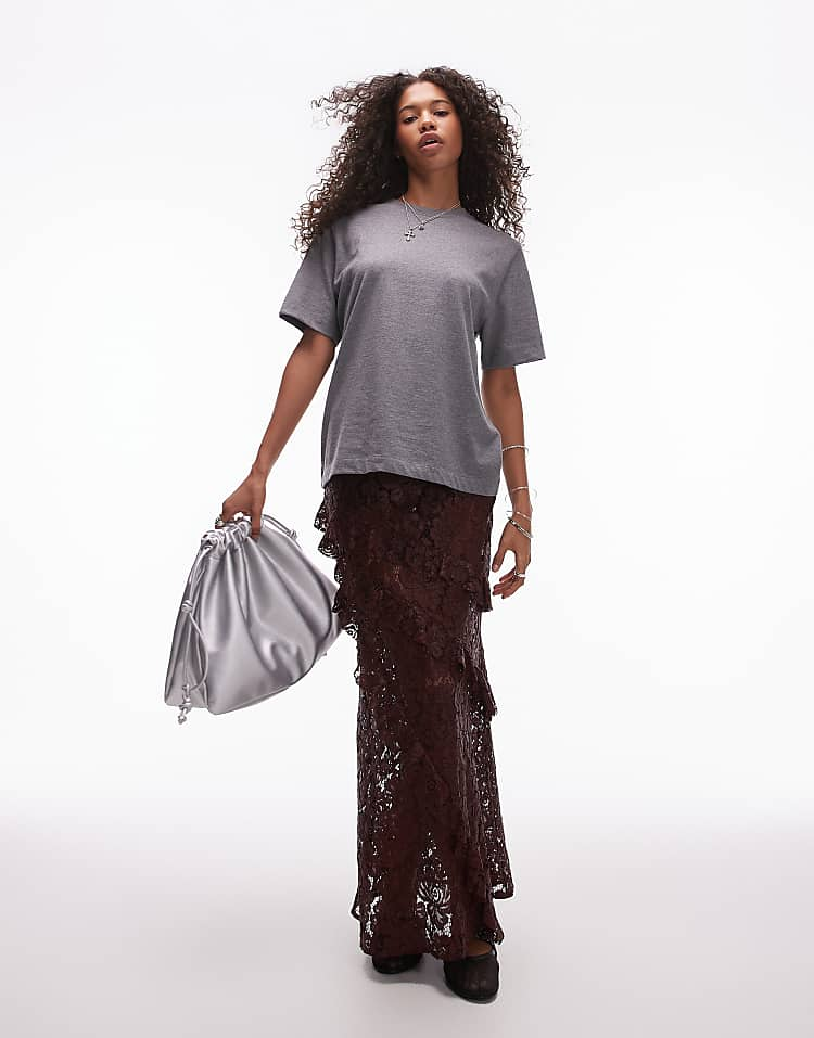 Topshop sheer lace ruffle maxi skirt in burgundy