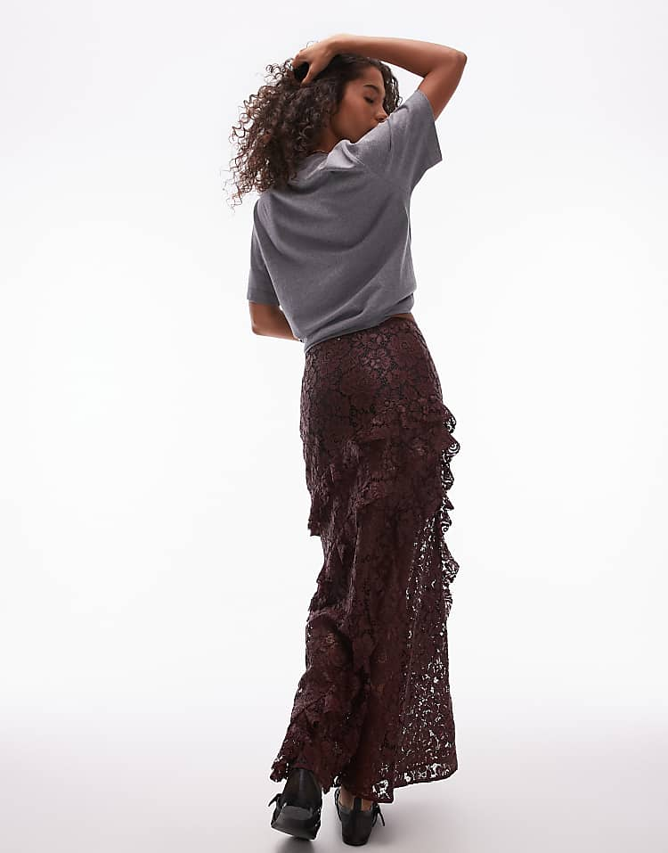 Topshop sheer lace ruffle maxi skirt in burgundy