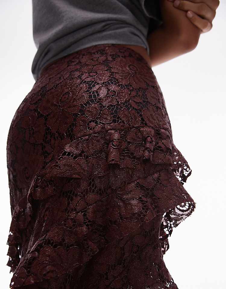 Topshop sheer lace ruffle maxi skirt in burgundy