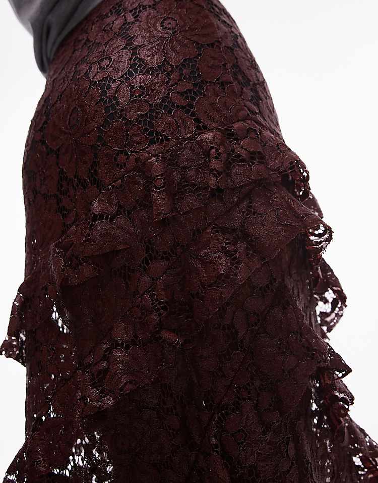 Topshop sheer lace ruffle maxi skirt in burgundy