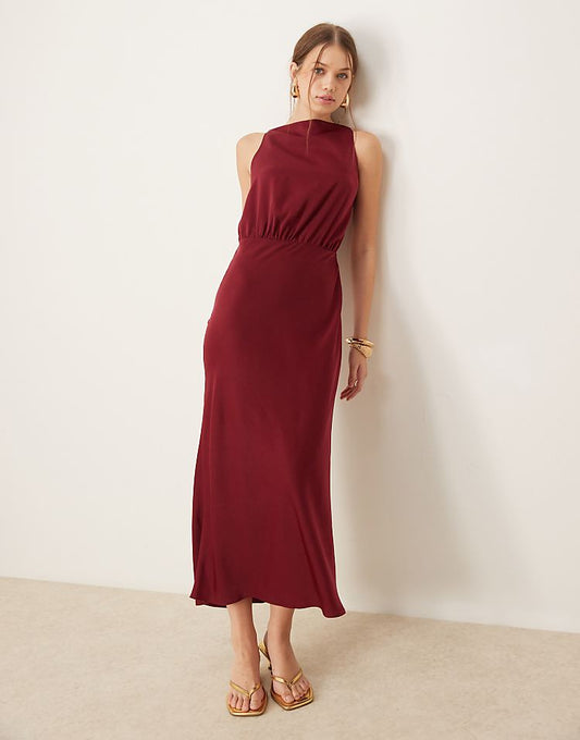 ASOS DESIGN square neck satin blouson midi dress in burgundy