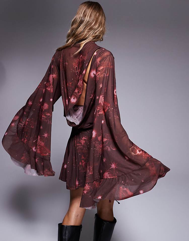 ASOS DESIGN mini dress with asym cowl back detail and ruffles in cosmic burgundy print