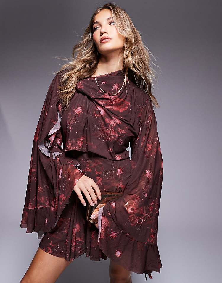 ASOS DESIGN mini dress with asym cowl back detail and ruffles in cosmic burgundy print