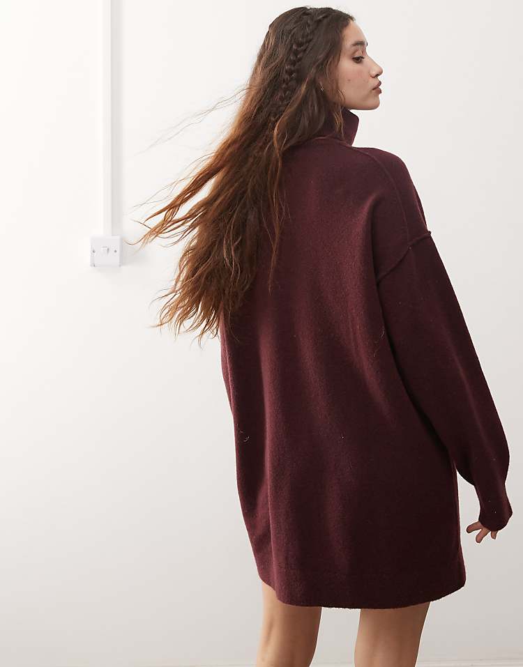 Weekday Annie wool blend roll neck mini knitted jumper dress in burgundy melange exclusive to ASOS