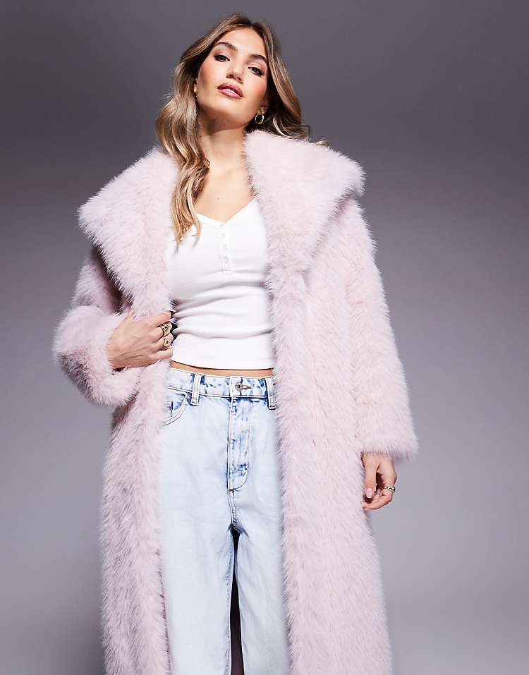 River Island longline faux fur coat in light pink