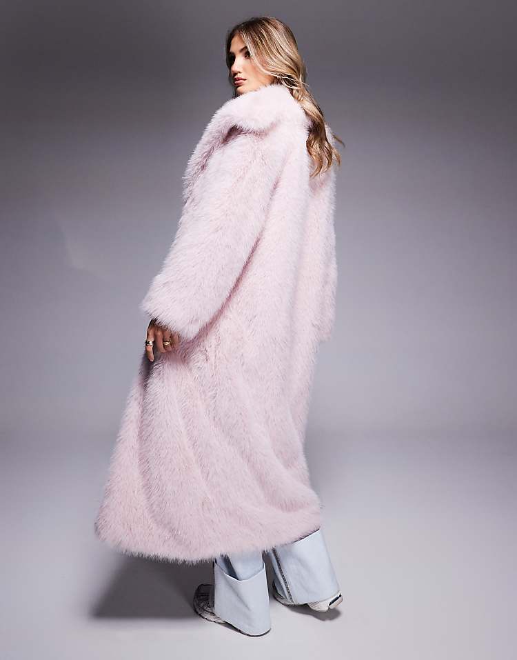 River Island longline faux fur coat in light pink