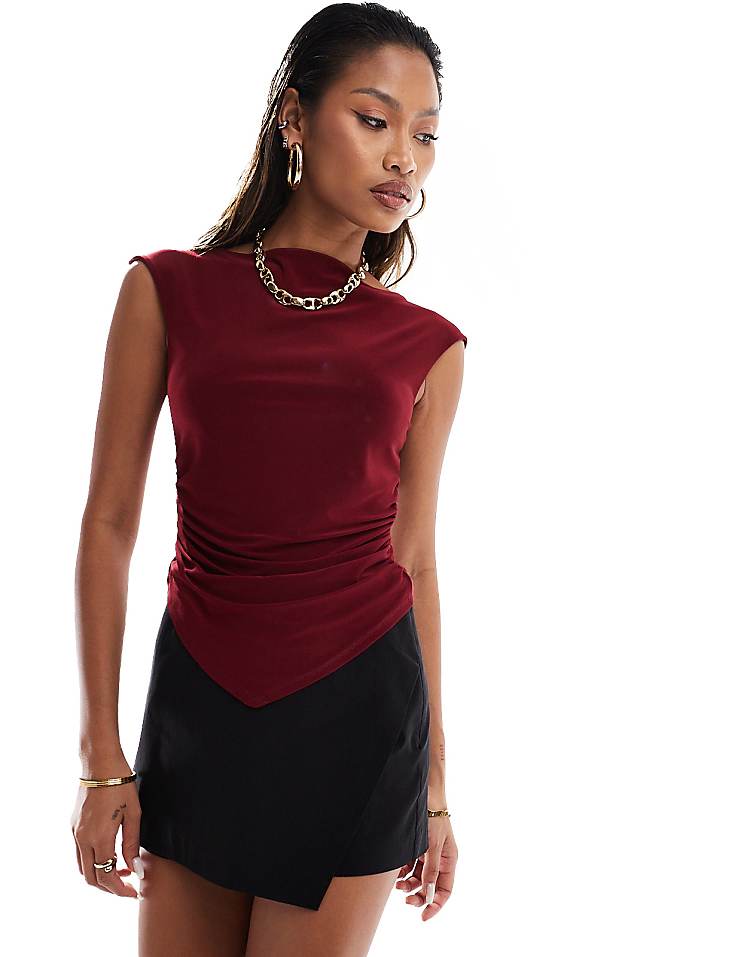 ASOS DESIGN slash neck cap sleeve ruched side top in burgundy