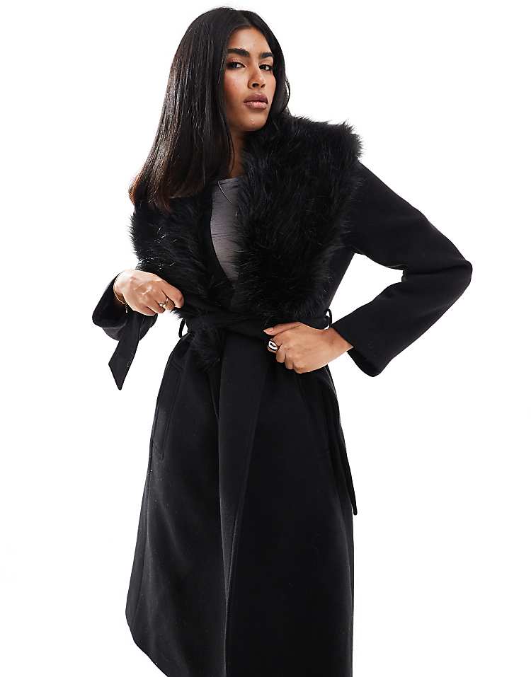 Stradivarius longline coat with faux fur collar detail in ecru