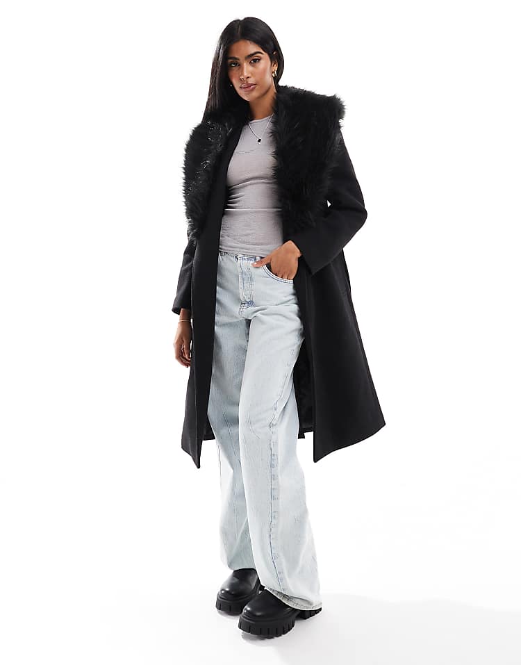 Stradivarius longline coat with faux fur collar detail in ecru