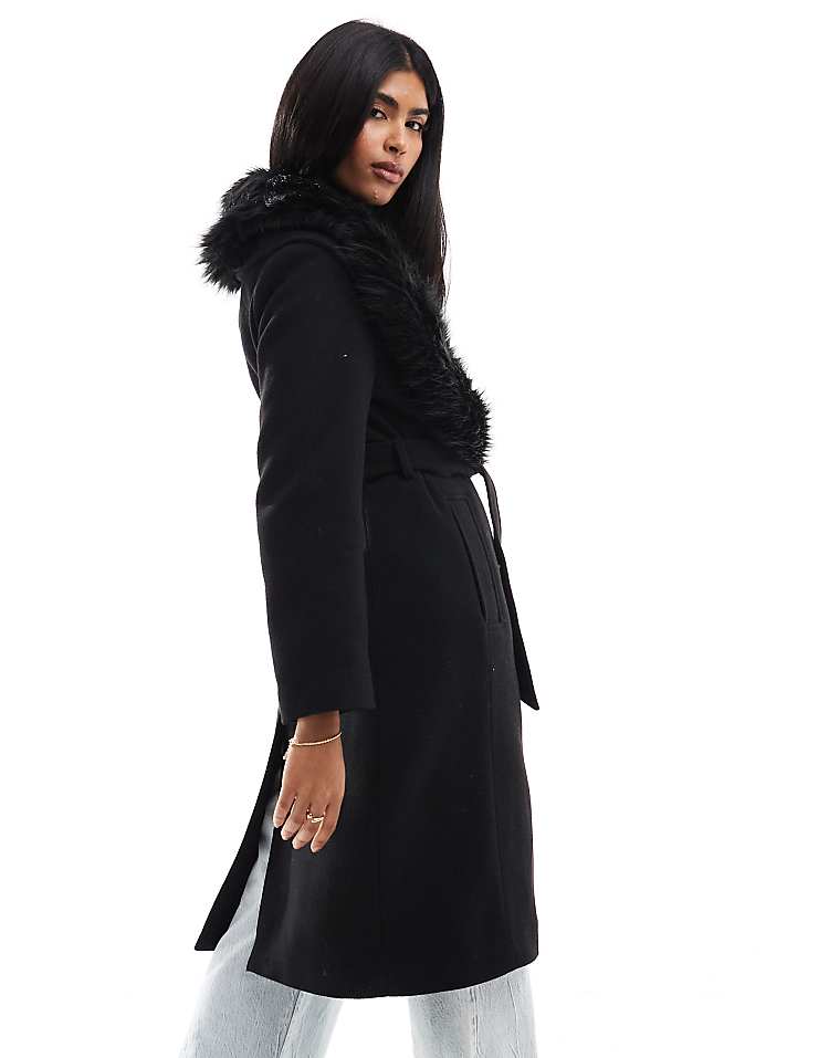 Stradivarius longline coat with faux fur collar detail in ecru