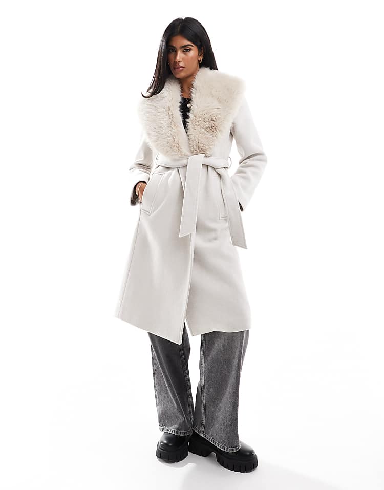 Stradivarius longline coat with faux fur collar detail in ecru