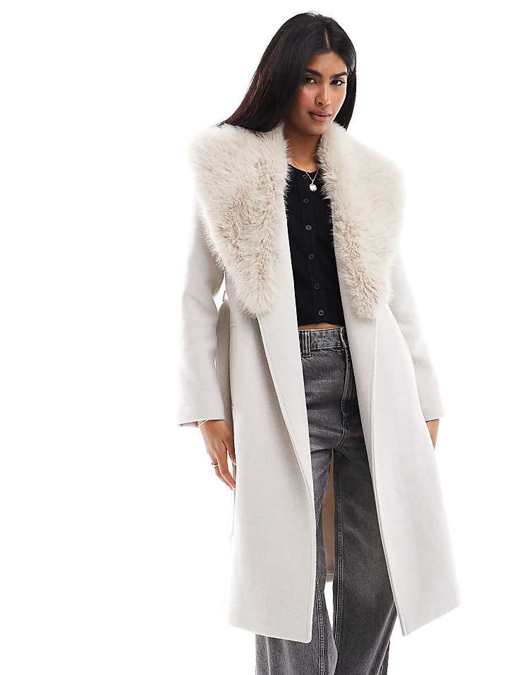 Stradivarius longline coat with faux fur collar detail in ecru