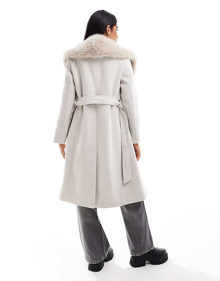 Stradivarius longline coat with faux fur collar detail in ecru