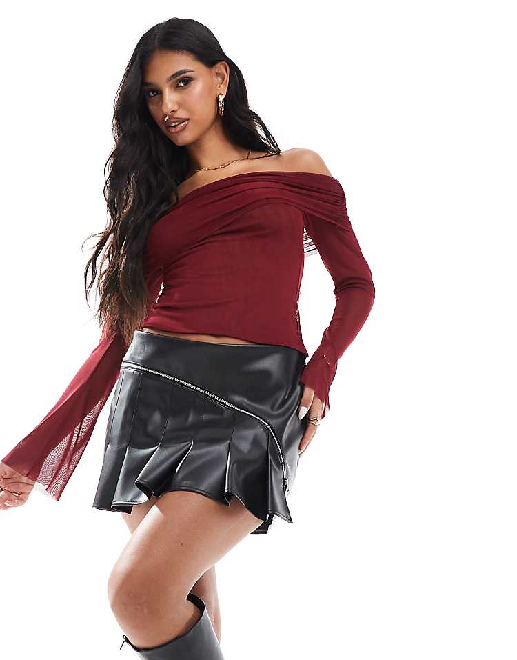 ASOS DESIGN off the shoulder flared sleeve mesh top in burgundy